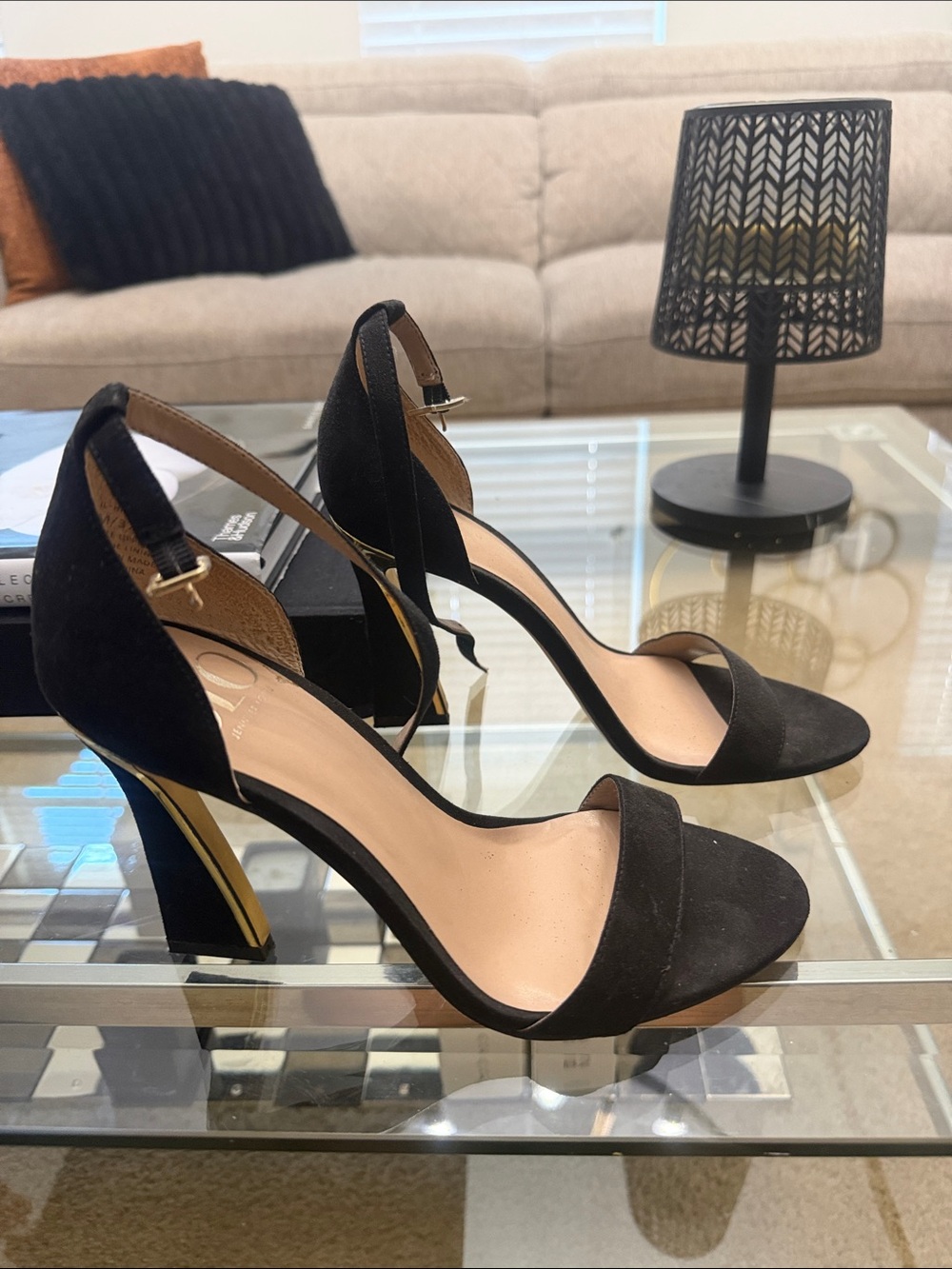 Jennifer Lopez Black Suede Open-Toe Ankle-Strap Heels